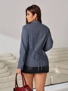 Solflare Plus Size Casual Commuter Plaid Tie Waist Shirt Fall - Multicolor - View 6