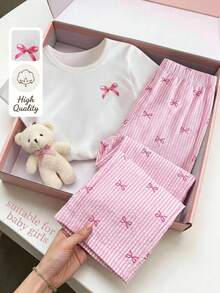 SHEIN Playful Pals 女嬰蝴蝶結印花短袖T恤與長褲休閒套裝 - 粉色 - 查看 4