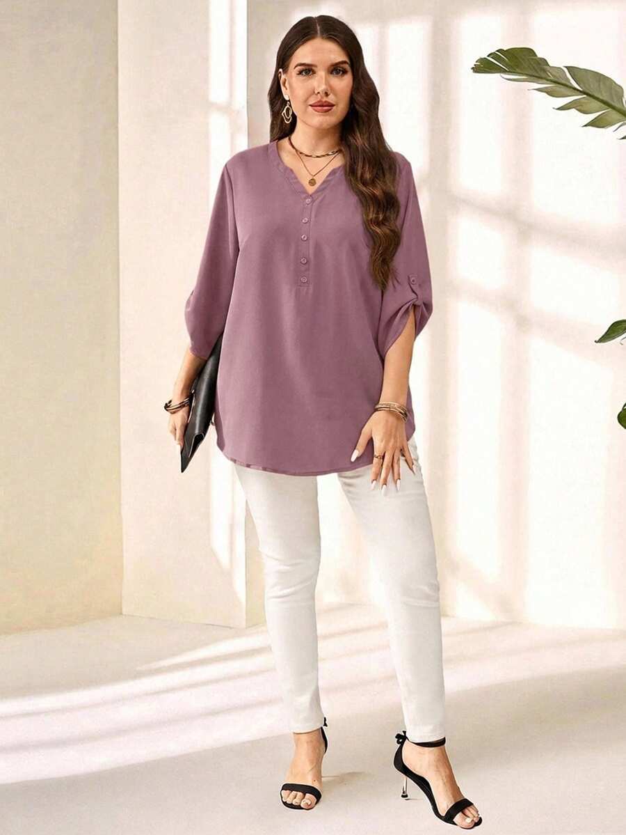 Miaspire Plus Size Women's Solid Color Notched V-Neck Casual Daily Wear Blouse Fall - Dusty Purple - View 1