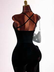 Amplova Women's Triangle Cup Fine Strap Criss-Cross Adjustable Wrap-Around Tight Mesh Satin Jumpsuit - Black - View 6