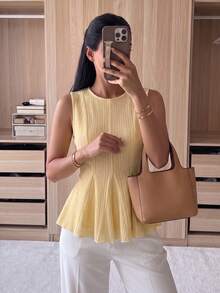 Modelyn Women's Spring/Summer Pale Yellow Woven Lace Sleeveless Waist-Cinching A-Line Commuter Frenchy Elegant Casual Tank Top Brunch Date - Yellow - View 3