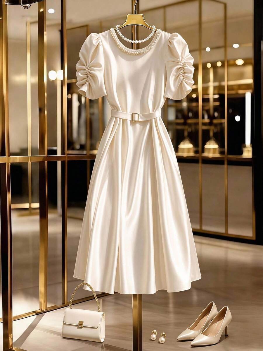 Franclia Plus Size Women's Elegant Solid Color Pearl Neckline Dress, Bud Short Sleeve, Professional Mother Of The Bride Date Tea Party Cocktail Wedding Pastel