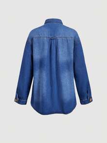 EMERY ROSE Áo khoác denim nữ size lớn tay dài cài nút đơn phong cách thường ngày thập niên 90 có túi màu xanh navy cho hẹn hò, du lịch, mùa thu - Màu xanh lam - Xem 5