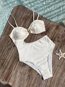 SHEIN Swim 吊带、腰部镂空、金属装饰设计女士优雅连体度假连衣裙 - 米色 - 查看 5
