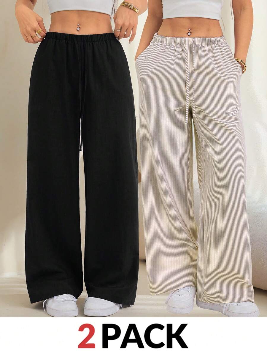 SHEIN PETITE Women's Solid Color Waist Tie Pocket Long Pants, Comfortable, Suitable For Spring, Summer, Autumn, Winter - Multicolor - View 1