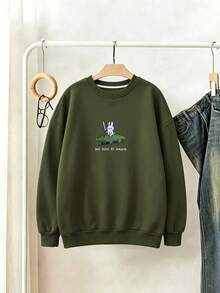 SHEIN 大尺碼圓領卡通圖案休閒日常長袖衛衣 冬季 - 綠色 - 查看 3
