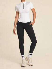SHEIN BAE Women's Rhinestone Embellished Zipper Design Short Sleeve Equestrian Top Elegant And Casual Crystal Everyday White Casual Sports - White - View 3