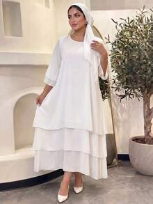 Auveirra Plus Size Women Solid Color Round Neck Casual Elegant Daily Autumn Dress Wedding Formal Tea Party Dinner White Fall - White - View 6