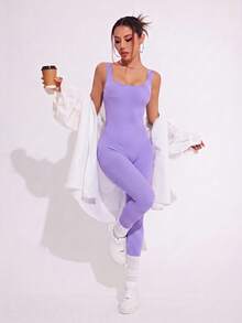 Easithlete Easithlete 女款素色無縫高彈性瑜伽健身連身衣 - 淡紫色 - 查看 4