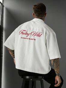 SLATEMANN Men's Letter Embroidered Striped Short Sleeve Casual Shirt - White - View 3