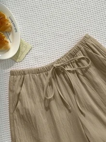 Elamini Pantalones largos casuales versátiles de unicolor con cintura de cordón para mujer, para uso diario y salidas - Caqui - Ver 5