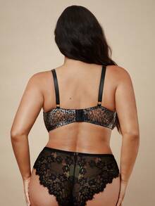 SHEIN BAE CURVE 两件套加大码蕾丝拼接内衣套装 - 黑色 - 查看 2