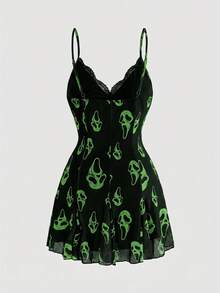 ROMWE Goth 深色花卉森林嬉皮浪漫宮廷哥德風印花女款修身顯瘦細肩帶迷你洋裝 - 綠色 - 查看 2