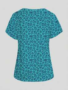 PopScrub Leopard Print Pattern Women's Nurse Scrub Top, Spring/Summer Fashion V-Neck Short Sleeve Double Pocket Design Side Slit Workwear, Women's Cute Scrub Top, Scrub Top - Multicolor - View 2