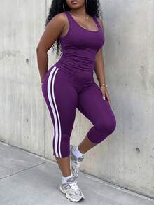 Slaydiva Women's Plus Size 2 Pieces Set: Slim Fit Sleeveless Tank Top With Ruched Waist And Slim Fit 7/8 Length Cycling Pants With Contrast Color Side Tape Splice, Navy Blue Knitted Elastic Fabric - Purple - View 3