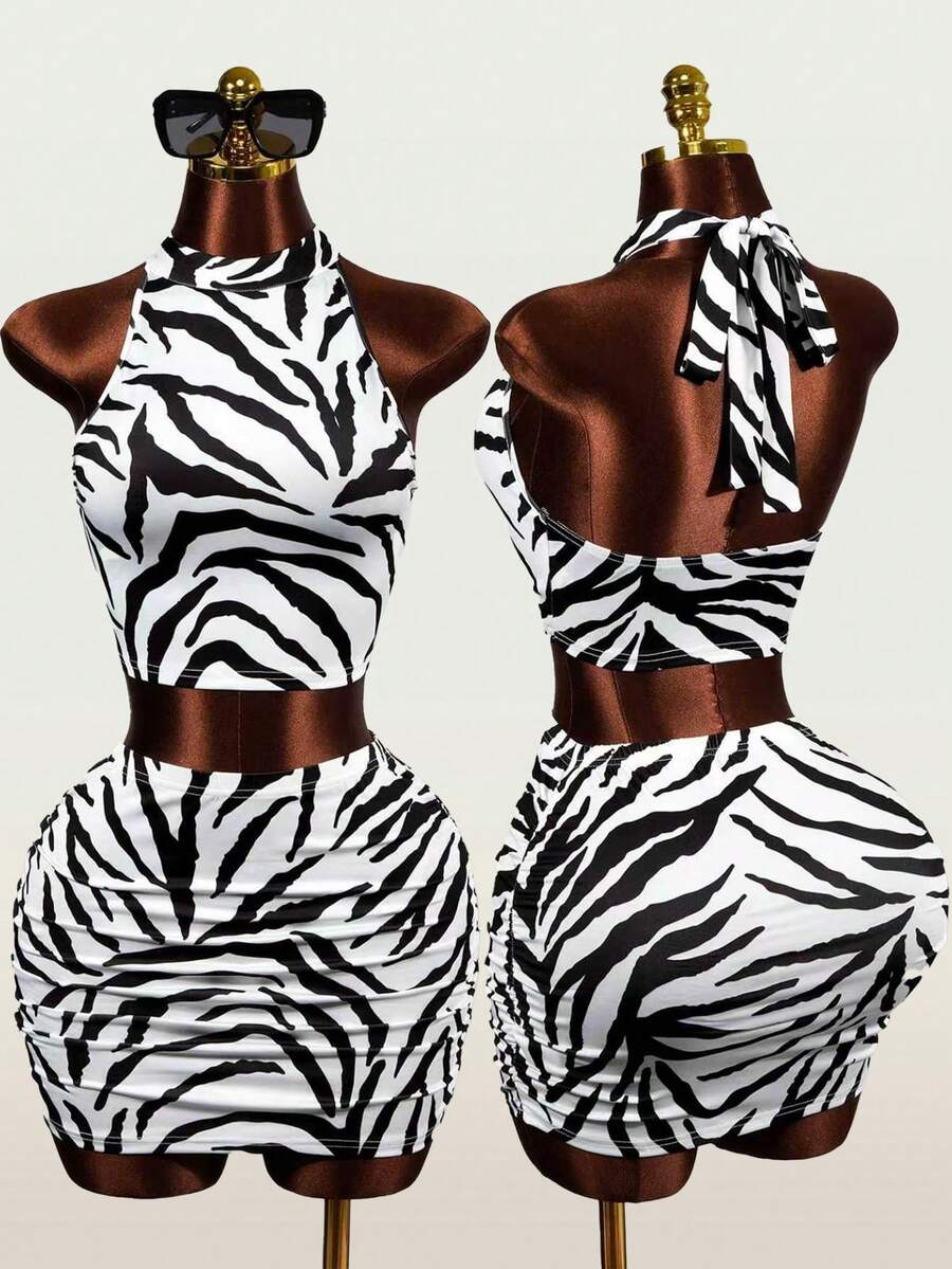Mistrie Women's White And Black Zebra Print Halter Neck Set Backless Cropped Tank Top Bodycon Mini Skirt 2 Pieces Set Sexy Club Night Out Summer Party