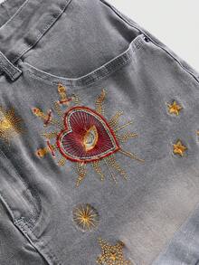 ROMWE Grunge Punk Y2K 千禧復古星月占星刺繡大尺碼丹寧捲邊短褲 - 灰色 - 查看 4