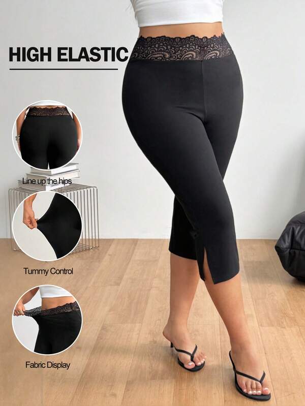 Coolane Women's Plus Size Summer Fall Vintage Casual Elegant Daily Wear Lace Patchwork Tight Fitting Cropped Leggings
