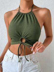 SHEIN Holidaya 女款夏季豹紋鏤空綁帶短版上衣 圖案豹紋 T-shirt 女裝上衣 - 軍綠色 - 查看 7