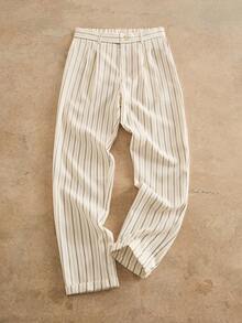 HIMLAND Men's Plus Size Striped Patchwork Casual Versatile Daily Travel Long Pants - Beige - View 1
