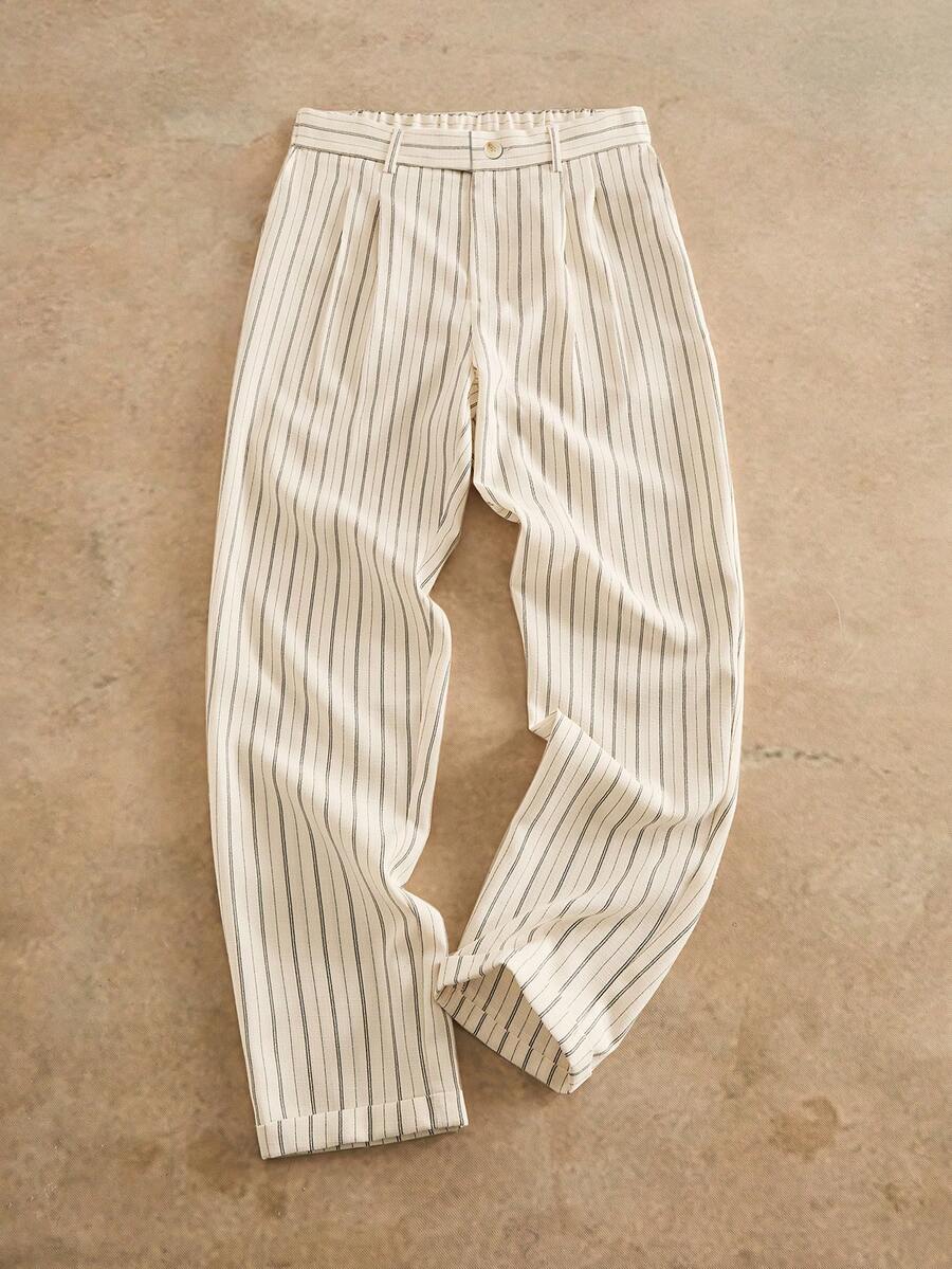 HIMLAND Men's Plus Size Striped Patchwork Casual Versatile Daily Travel Long Pants - Beige - View 1