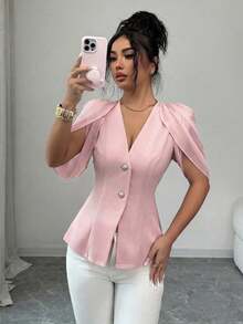 SHEIN Elenzya Women's Elegant Romantic Tailored Blazer With V-Neck, Pleated And Cinched Waist - Dusty Pink - View 5