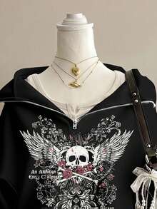SHEIN EZwear 女款休閒印花寬鬆半拉鍊高領輕量套頭運動衫，秋冬花卉圖案灰色寬鬆半拉鍊高領薄款套頭運動衫 - 黑色 - 查看 3