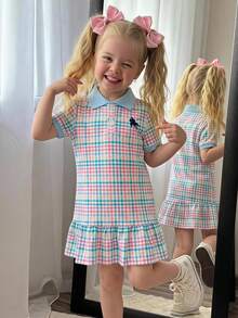 Emery Rose Kids 兒童小女孩度假休閒時尚短袖洋裝 粉色針織格紋領休閒洋裝 返校季 - 藍色 - 查看 7