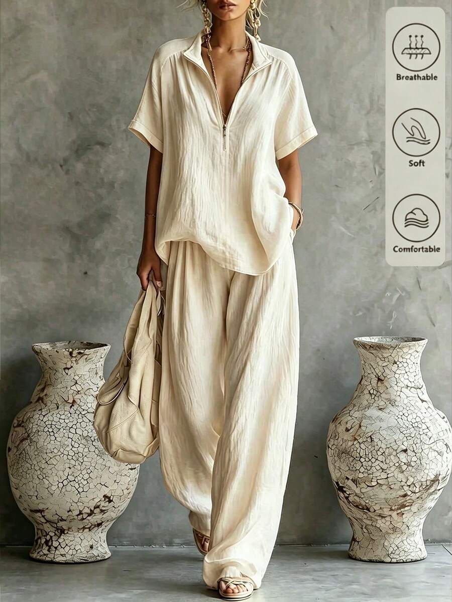 SHEIN Holidaya Newest Women's Early Autumn Textured Crinkled Half-Zip Polo Casual Set, Lapel Half-Zip Short Sleeve Top Paired With Same Fabric Draped Wide Leg Pants, Natural Crinkled Texture, Loose Relaxed Fit, Suitable For Home, Short Trips, Light Commute And Multiple Occasions, Women's Textured Crinkled Polo Collar Half-Zip Two Pieces Set