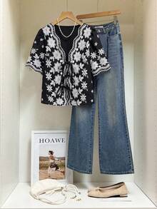 Muvela 女款夏季休閒花卉刺繡前綁帶上衣 - 黑與白 - 查看 4