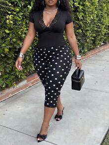Slaydiva Spring Summer Easter Sexy Casual Elegant Vacation Party Music Festival Short Sleeve Deep V-Neck Lace Trim T-Shirt Black White Polka Dot Pants Set - Black - View 4
