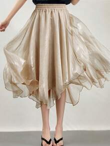 SHEIN Women's Solid Color Pleated Fashion Versatile Flared Skirt - Khaki - View 7
