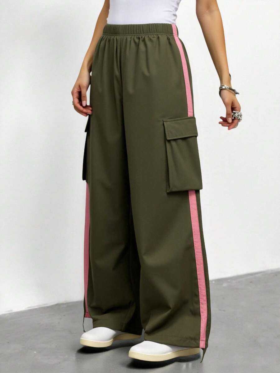 SHEIN Tween Girl Colorblock Elastic Waist Loose Cargo Pants - Army Green - View 1