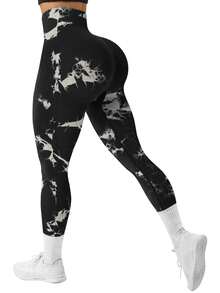 Gameset SHEIN Sport 女款紮染高腰無縫高彈力運動緊身褲 - 黑色 - 查看 4