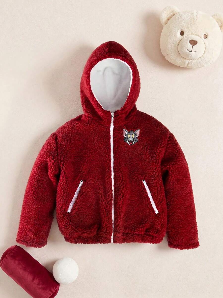 TOM & JERRY X SHEIN Tween Girl Cartoon Pattern Teddy Fleece Hooded Jacket - Burgundy - View 1