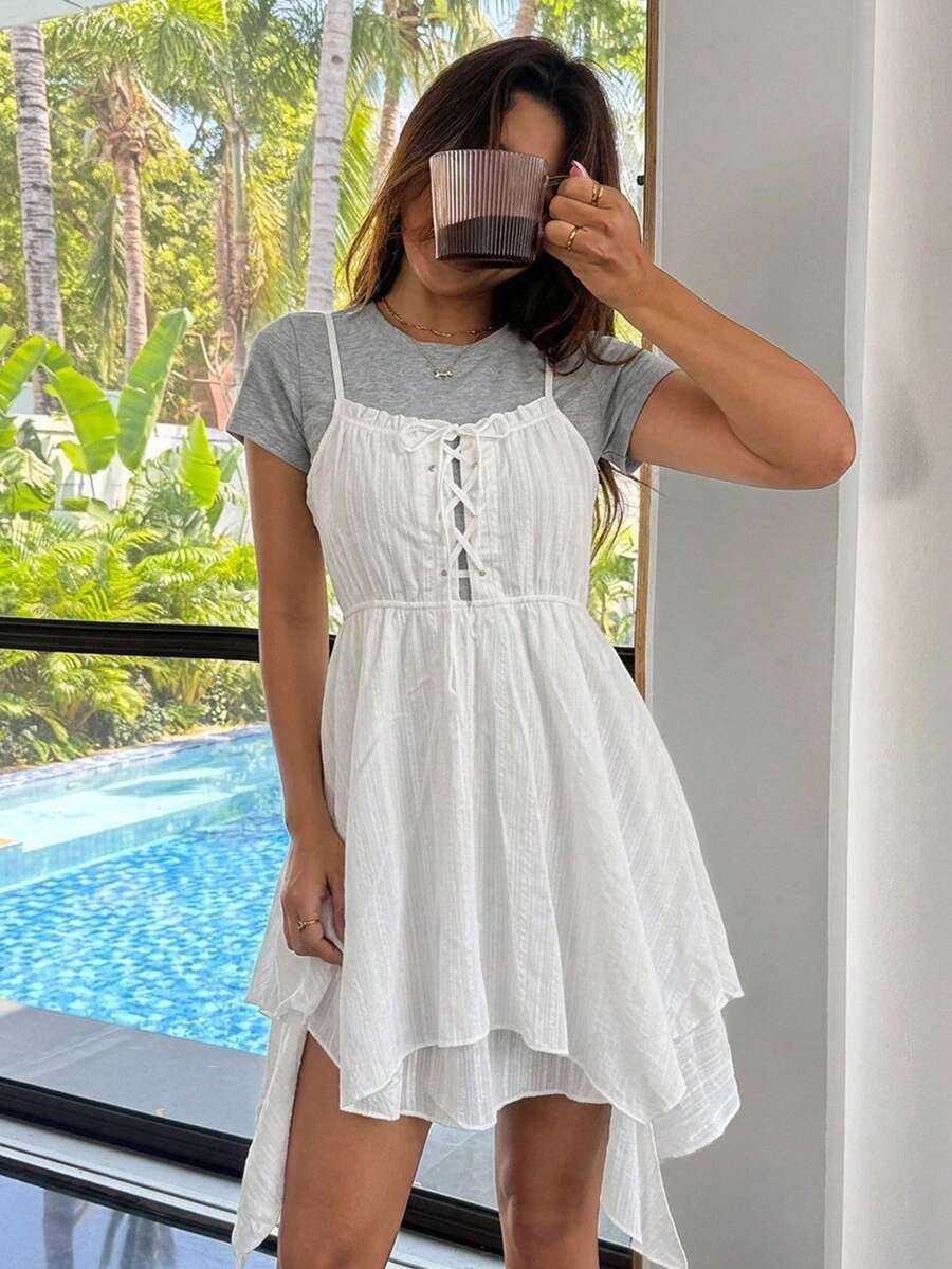 FRIFUL كاميسول نسائي بحمالات رفيعة وحافة غير متماثلة مع تصميم رباط دانتيل صيفي - بيج - مشاهدة 1