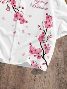 Manfinity Joysei Áo sơ mi nam dáng rộng lửng với họa tiết hoa anh đào, áo khoác ngoài mùa hè thường ngày. - trắng - Xem 4