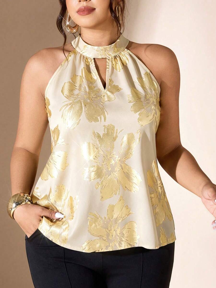 Cravure Women's Plus Size Gold Foil Floral Print Stand Collar Sleeveless Elegant Blouse - Apricot - View 1