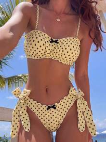 Swim Mod Set Pakaian Renang Wanita untuk Liburan, Atasan Camisole Motif Polkadot dengan Dekorasi Pita 3D dan Bawahan Bikini Segitiga - Aprikot - View 1