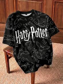 HARRY POTTER X SHEIN Women's Fashion Letter Print Round Neck Short Sleeve T-Shirt, Back-To-School Everyday Daytime Black And White Summer Streetwear Casual - White - View 1