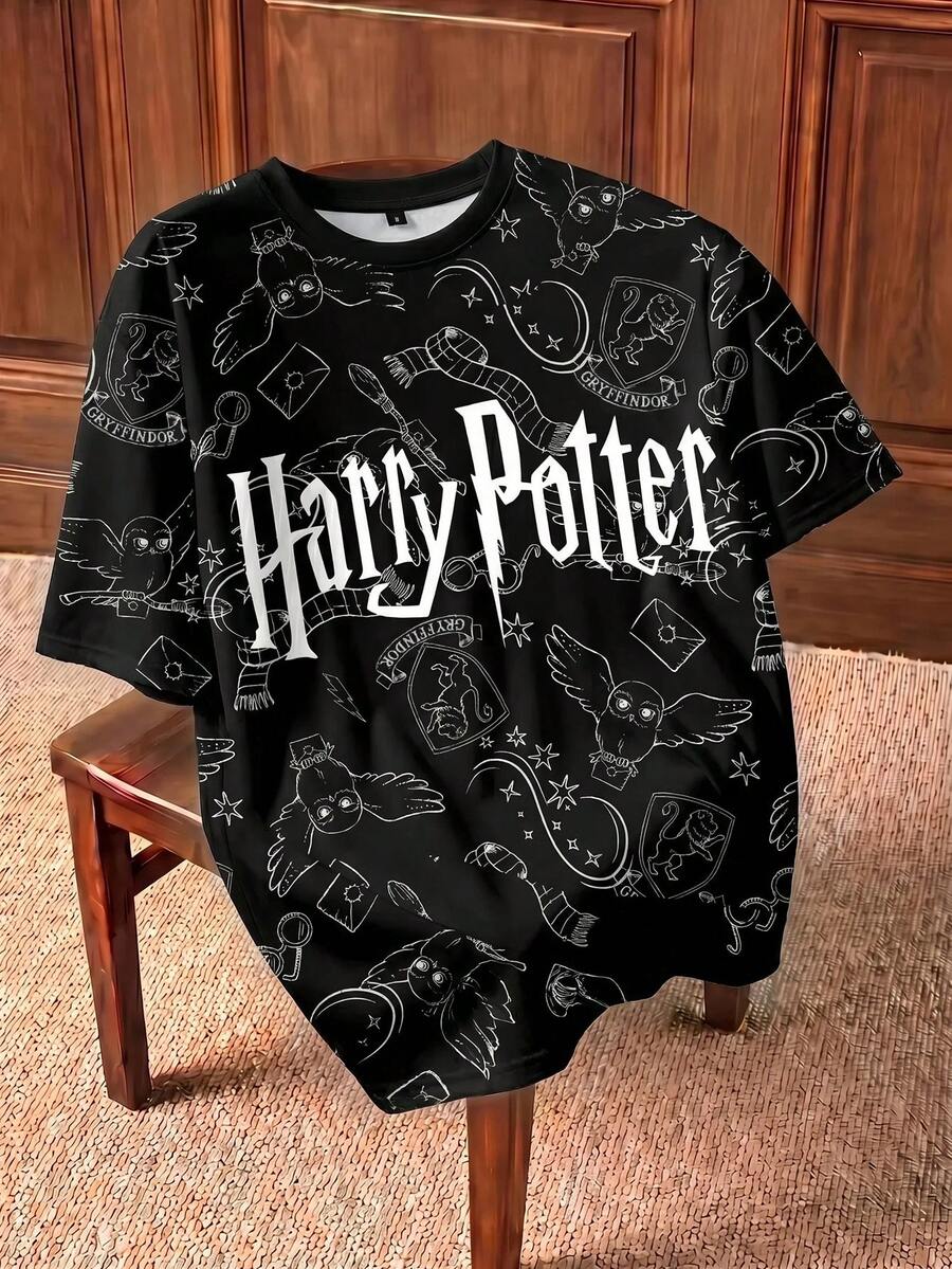 HARRY POTTER X SHEIN Women's Fashion Letter Print Round Neck Short Sleeve T-Shirt, Back-To-School Everyday Daytime Black And White Summer Streetwear Casual - White - View 1