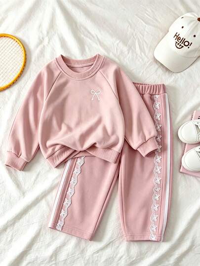 Genkimix Young Girl Girls Bowknot Embroidered Shoulder Raglan Sleeve Sweatshirt And Embroidered Lace Trim Loose Sweatpants 2-Piece Set, Suitable For Spring, Autumn, Winter, Outdoor, School, Daily Casual Wear