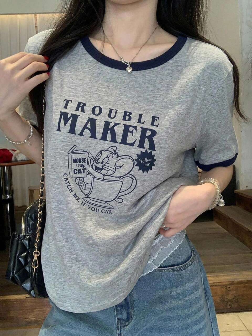 TOM AND JERRY X DAZY Women's Round Neck Cartoon Casual Colorblock Short Sleeve T-Shirt Graphic Tees