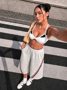 Muchica Women's Elastic Waist Pocket Colorblock Casual Versatile Daily Travel Sports Shorts Football Jersey Gym, Workout, Y2K Back To School,Grunge & Punk - Grey - View 7