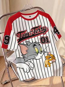 TOM & JERRY X SHEIN Men's Striped Letter Print Short Sleeve Casual T-Shirt - White - View 1