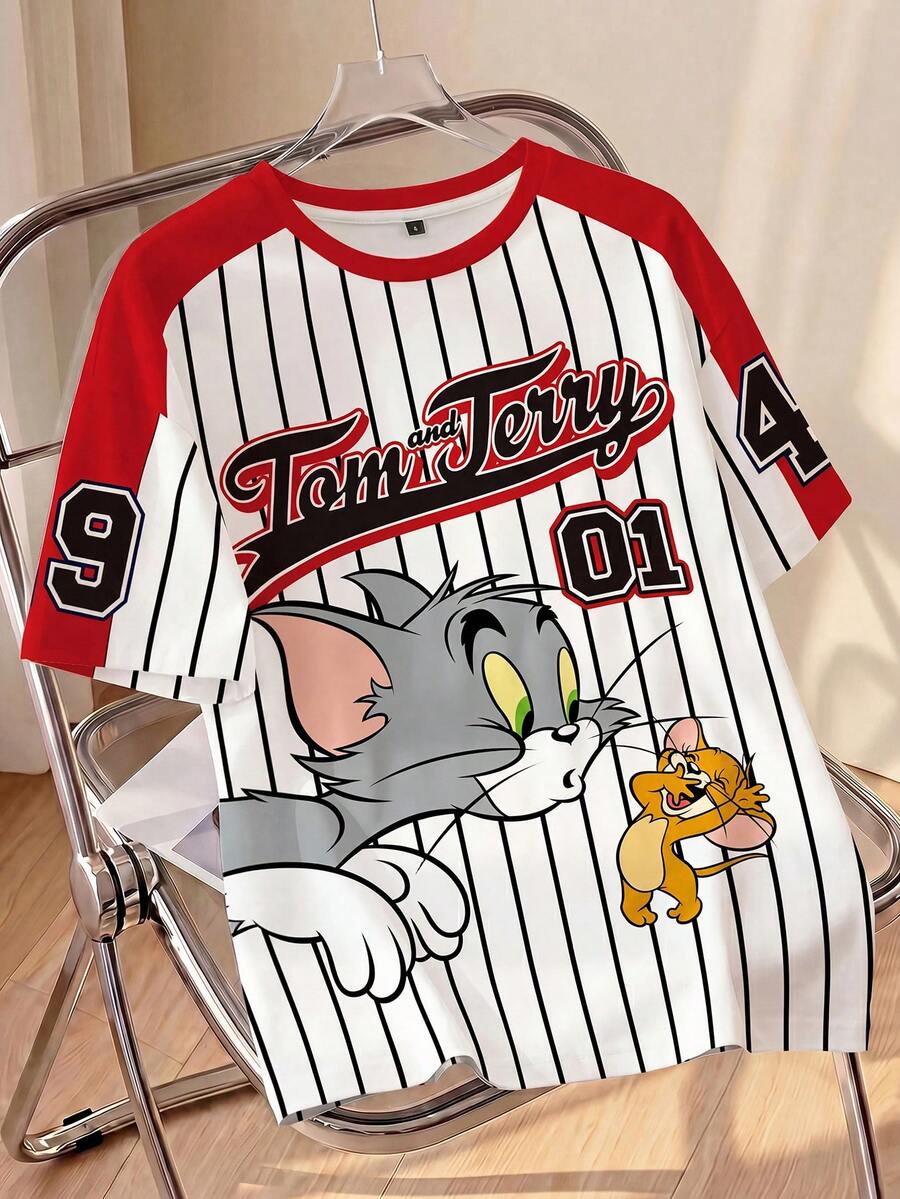 TOM & JERRY X SHEIN Men's Striped Letter Print Short Sleeve Casual T-Shirt - White - View 1
