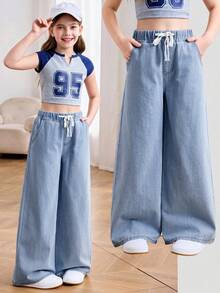 SHEIN Tween女孩休閒水洗寬腿牛仔褲 - 淺色水洗藍 - 查看 1