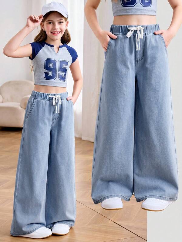 SHEIN Tween Girl Casual Washed Wide Leg Jeans