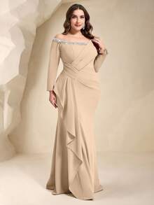 Coutiva Vestido de Noche Formal Plisado con Adornos de Strass Talla Grande (Estilo de Trabajo Pesado) - Albaricoque - Ver 8
