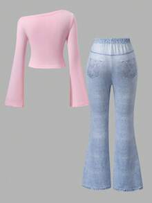 SHEIN Sparklyn Tween Girls Fall Outfits Fall Tops 2pcs/Set Round Neck (Big) T-Shirt Set, Designed T-Shirt Top And Flared Printed Pants, Fall, Casual - Pink - View 2
